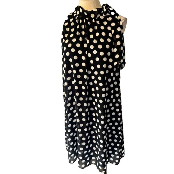 MSK Dress 14 Black White Polka Dot Mock Tie Neck Sleeveless Flowy Washable NEW - Picture 1 of 7
